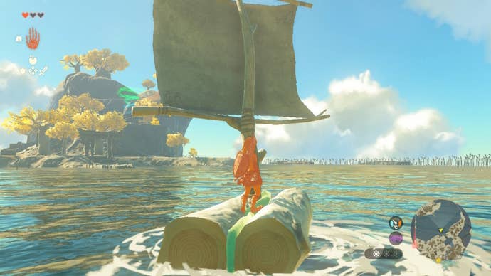 Link rides a small raft made with Ultrahand in The Legend of Zelda: Tears of the Kingdom