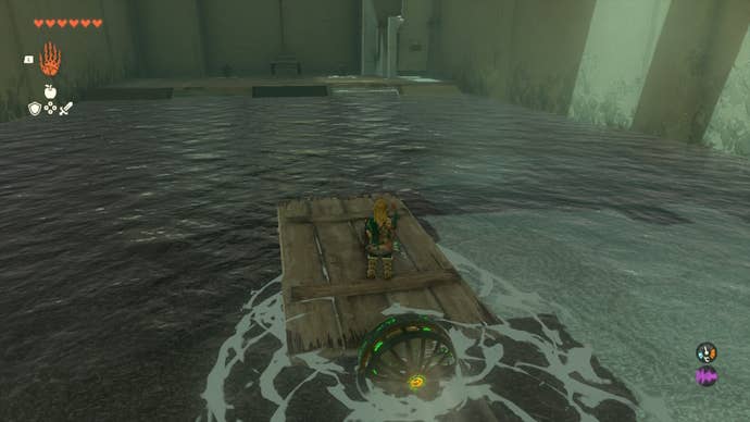 Link rides a boat powered by a fan in the Ishodag Shrine in The Legend of Zelda: Tears of the Kingdom