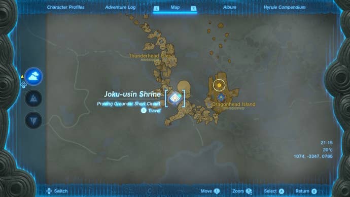 A map of the location of the Joku-usin Shrine in The Legend of Zelda: Tears of the Kingdom