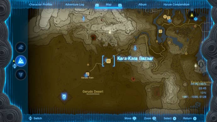 A map showing the location of Kara Kara Bazaar in The Legend of Zelda: Tears of the Kingdom