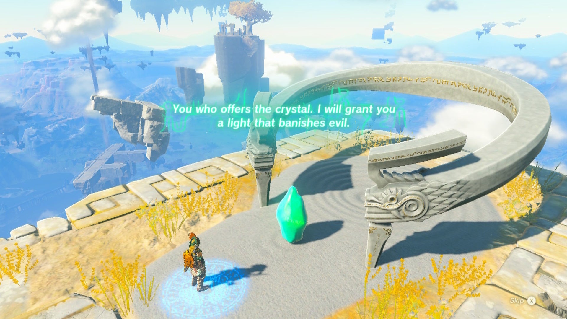 Link gives a sky crystal to the Kumamayn Shrine in Zelda: Tears of the Kingdom - 1