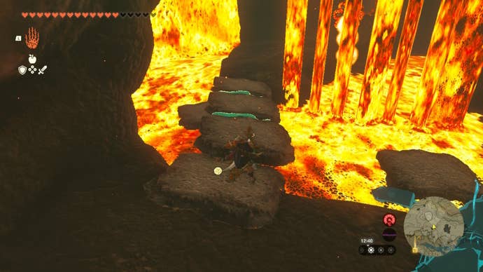 Link builds a bridge across some lava in The Legend of Zelda: Tears of the Kingdom