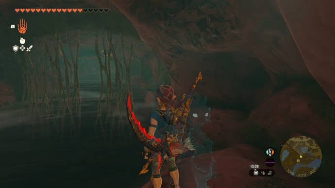 Link stands on a ledge in the Sarjon Cave in The Legend of Zelda: Tears of the Kingdom