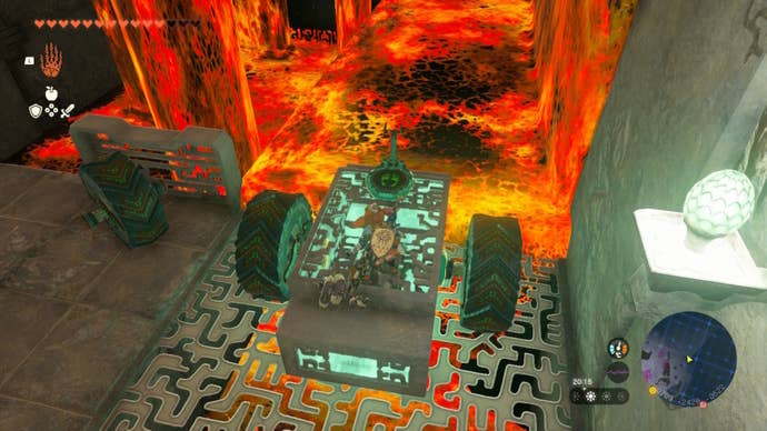 Link rides a car made from a relic and wheels in The Legend of Zelda: Tears of the Kingdom