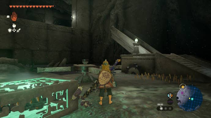 Link looks at a half-raised bridge in The Legend of Zelda: Tears of the Kingdom