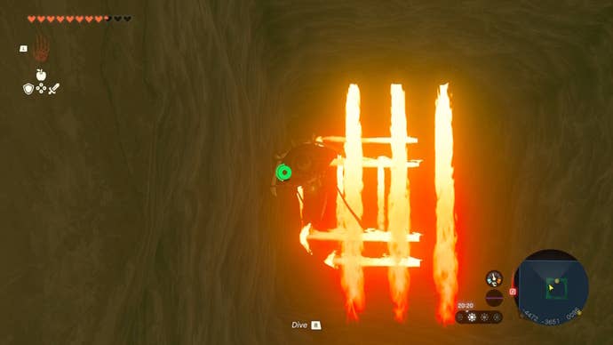 Link glides through some fire traps in The Legend of Zelda: Tears of the Kingdom