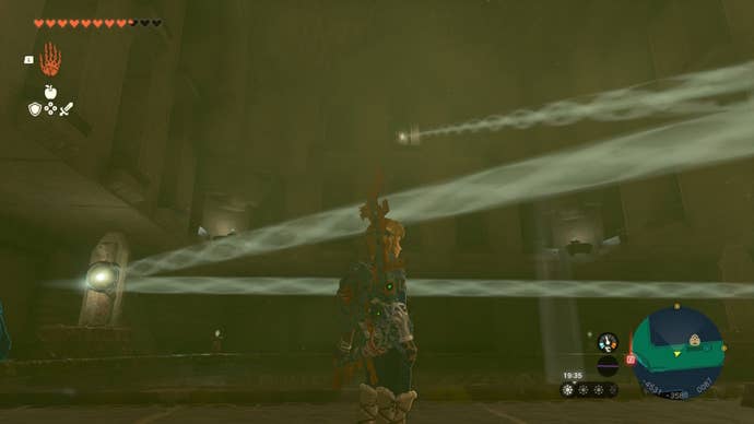 Link looks at various beams of light in the Lightning Temple in The Legend of Zelda: Tears of the Kingdom