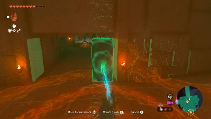 Link uses Ultrahand to move a brick below a wall in The Legend of Zelda: Tears of the Kingdom
