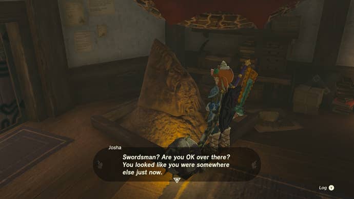 Link speaks to the Lookout Landing Bargainer Statue in The Legend of Zelda: Tears of the Kingdom