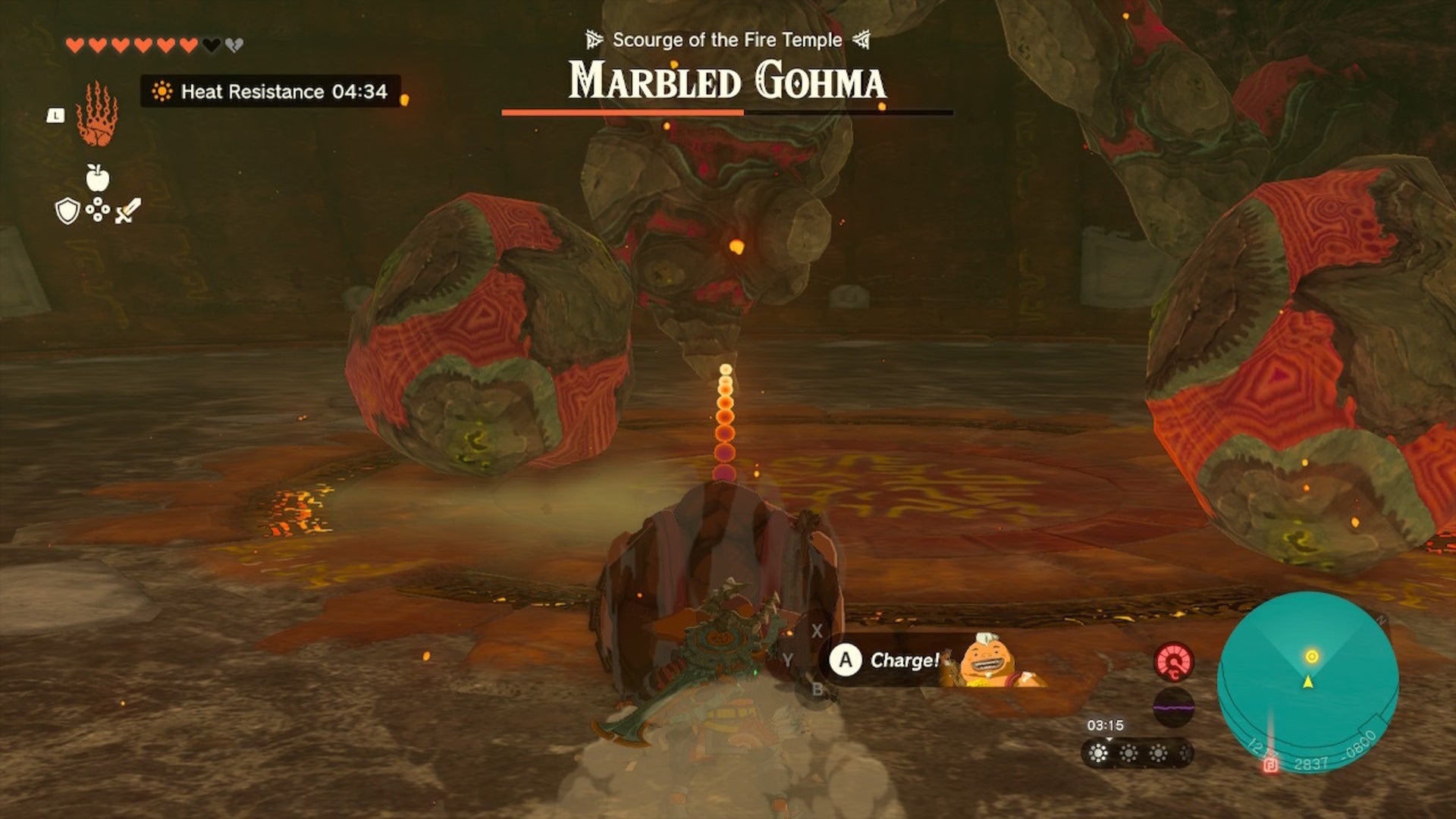 Link aims Yunobo at the Marbled Gohma's legs in The Legend of Zelda: Tears of the Kingdom - 4