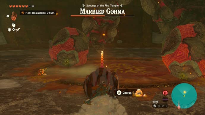 Link aims Yunobo at the Marbled Gohma's legs in The Legend of Zelda: Tears of the Kingdom