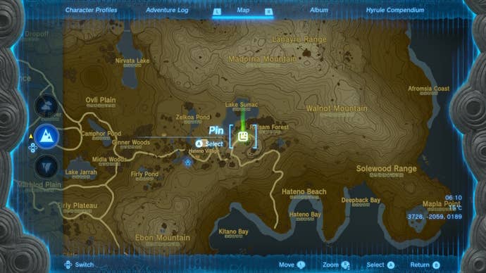 A map showing Mayahisik Shrine in Zelda: Tears of the Kingdom