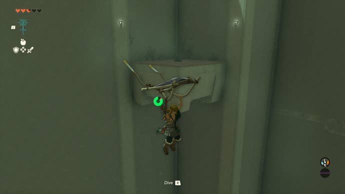 Link glides toward a platform with a chest on it in the Mayaumekis Shrine in The Legend of Zelda: Tears of the Kingdom