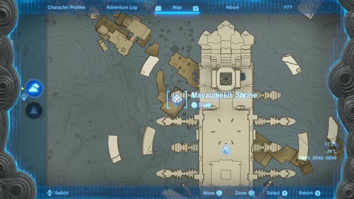A map of the Mayaumekis Shrine in The Legend of Zelda: Tears of the Kingdom
