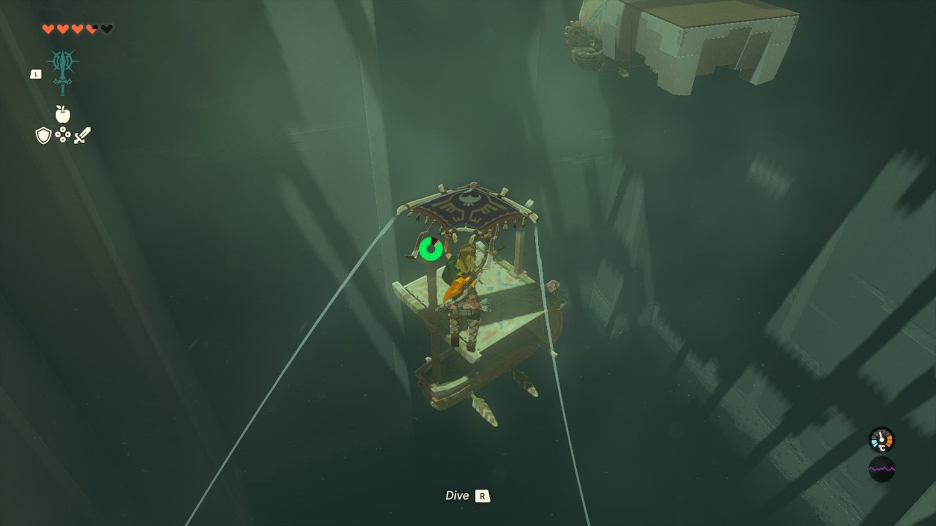 Link glides over towards a moving airship in the Mayaumekis Shrine in The Legend of Zelda: Tears of the Kingdom - 7