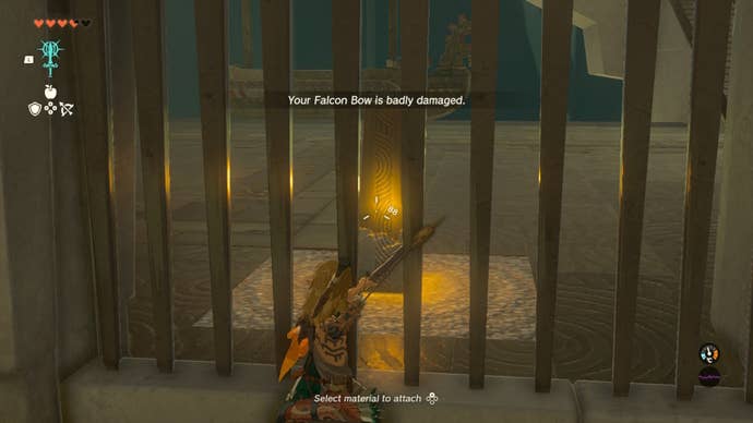 Link aims his arrow at a switch in the Mayaumekis Shrine in The Legend of Zelda: Tears of the Kingdom