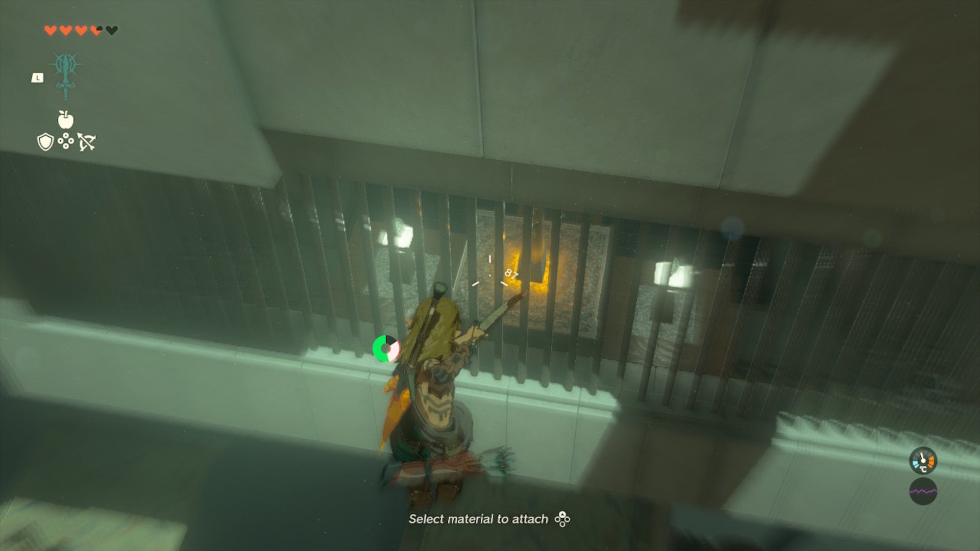 Link aims his arrow at a switch in the Mayaumekis Shrine in The Legend of Zelda: Tears of the Kingdom