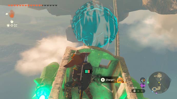 Link rides a mine cart powered by rockets between sky islands in Zelda: Tears of the Kingdom