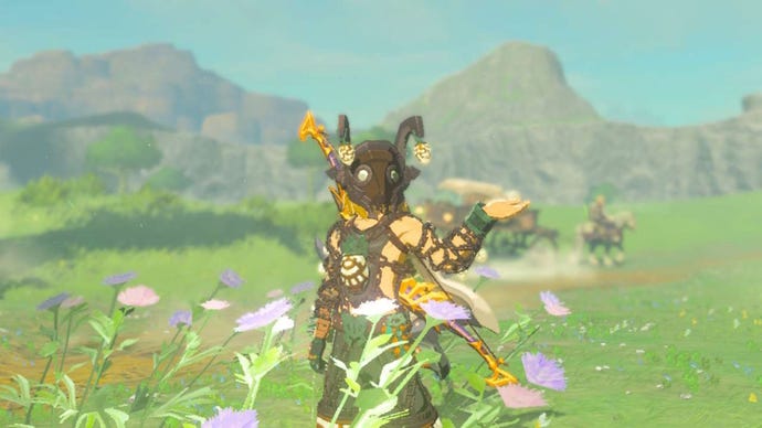 Link wearing the Miner's Armor set in Hyrule in The Legend of Zelda: Tears of the Kingdom