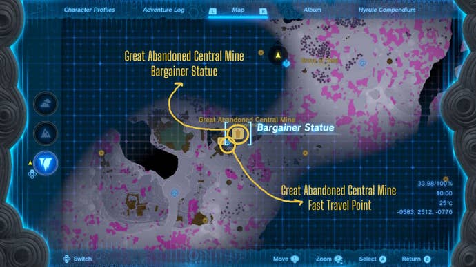 A labelled map showing the location of the Great Abandoned Central Mine Bargainer Statue in The Legend of Zelda: Tears of the Kingdom