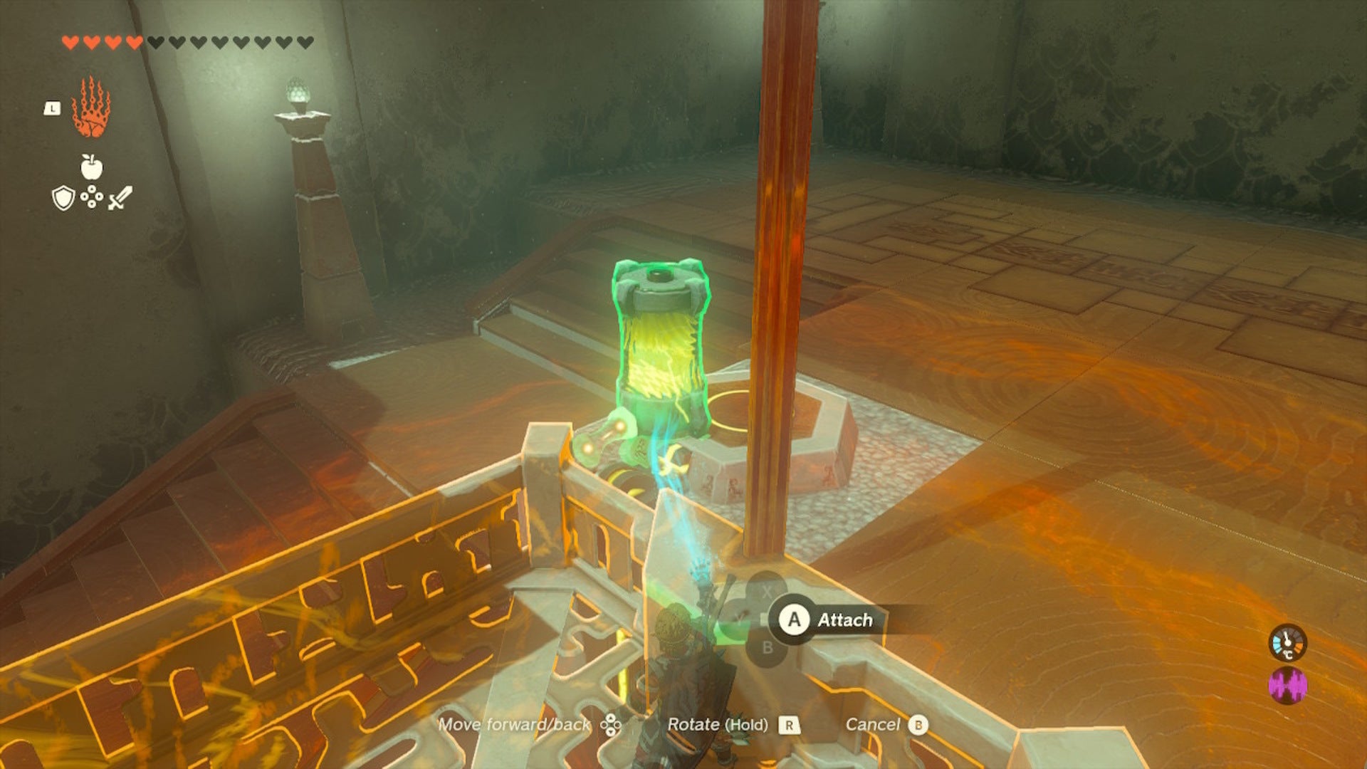 Link places a charged battery on a pedestal by the elevator in The Legend of Zelda: Tears of the Kingdom - 7