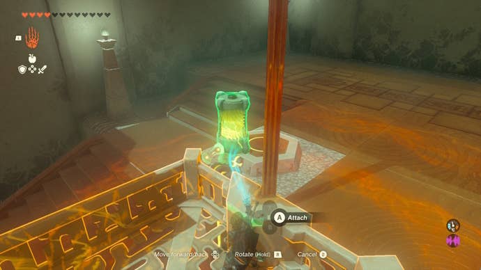 Link places a charged battery on a pedestal by the elevator in The Legend of Zelda: Tears of the Kingdom