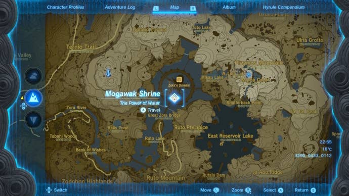 A map of the Mogawak Shrine's location in The Legend of Zelda: Tears of the Kingdom