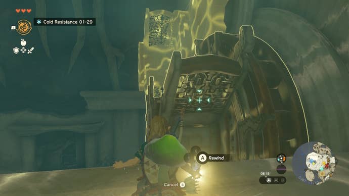 Link uses Recall on a moving cog in the Room of Awakening in The Legend of Zelda: Tears of the Kingdom