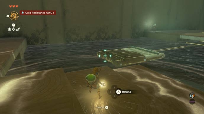 Link uses Recall on a log raft in the Nachoyah Shrine of The Legend of Zelda: Tears of the Kingdom
