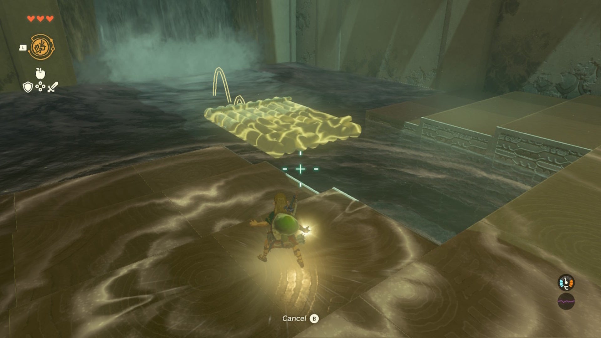 Link uses Recall on a log raft in the Nachoyah Shrine of The Legend of Zelda: Tears of the Kingdom