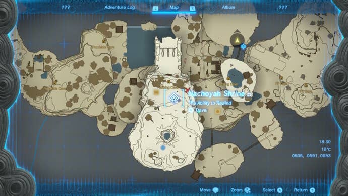 A map with Nachoyah Shrine's location marked on it in The Legend of Zelda: Tears of the Kingdom
