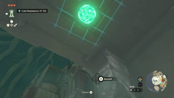Link uses the Ascend ability on a stone platform in the Room of Awakening of The Legend of Zelda: Tears of the Kingdom