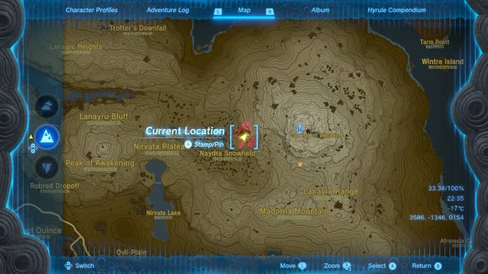 A map showing the location of the Naydra Snowfield Chasm in The Legend of Zelda: Tears of the Kingdom