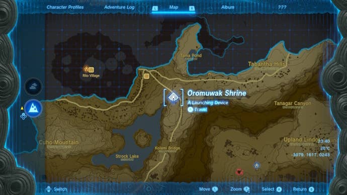 The map shows the location of Oromuwak Shrine in Zelda: Tears of the Kingdom