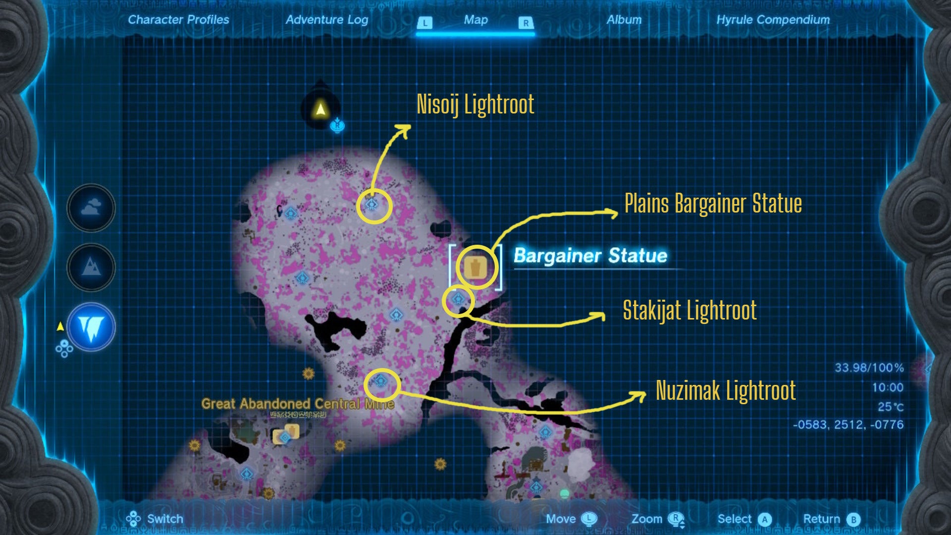 A labelled map showing the location of the Plains Bargainer Statue in The Legend of Zelda: Tears of the Kingdom - 6