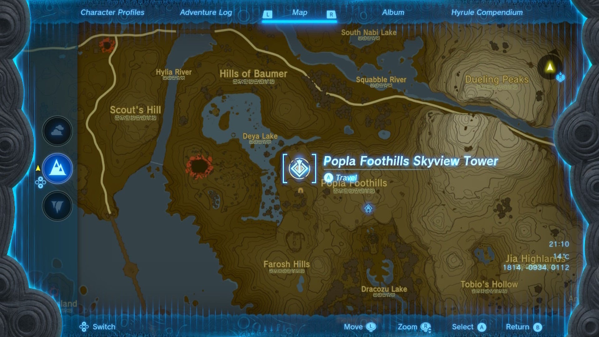 A map showing the location of Popla Foothills Skyview Tower in The Legend of Zelda: Tears of the Kingdom - 4