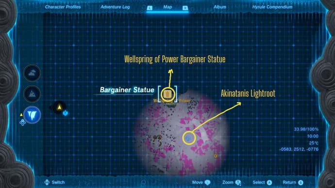 A labelled map showing the location of the Wellspring of Power Bargainer Statue in The Legend of Zelda: Tears of the Kingdom
