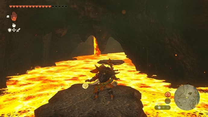 Link rides a stone block across some lava in The Legend of Zelda: Tears of the Kingdom
