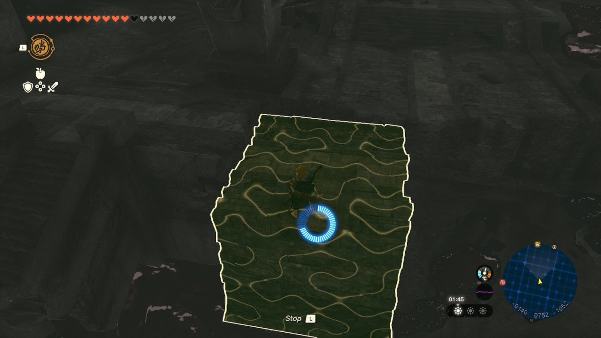 Link uses Recall on a fallen block in The Depths in The Legend of Zelda: Tears of the Kingdom