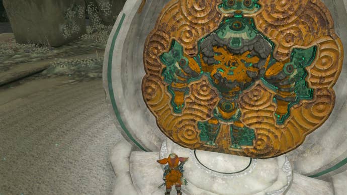 Link faces Mineru’s body in the Construct Factory in The Legend of Zelda: Tears of the Kingdom