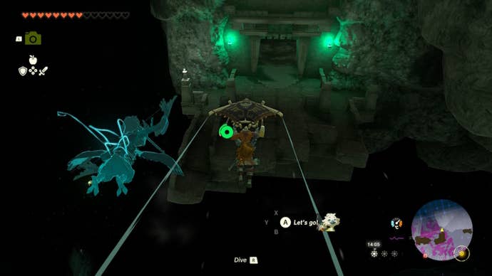 Link glides toward the entrance of the Right Leg Depot in The Legend of Zelda: Tears of the Kingdom
