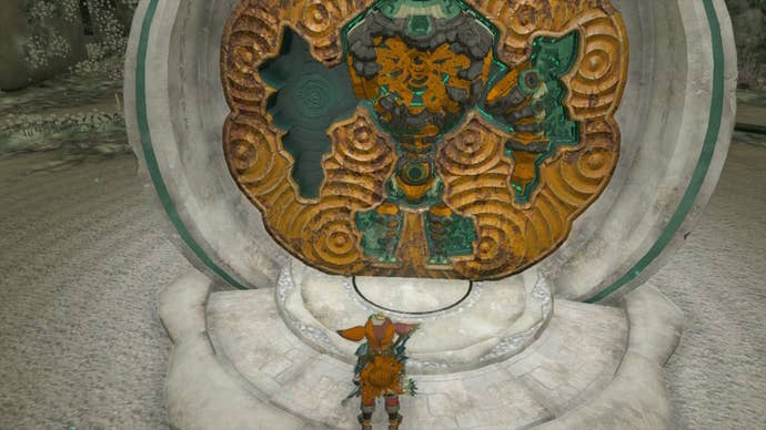 Link faces Mineru’s body at the Construct Factory in The Legend of Zelda: Tears of the Kingdom