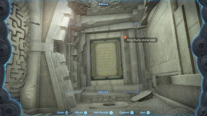 Link takes a photo of some writing in the Ring Ruins in The Legend of Zelda: Tears of the Kingdom