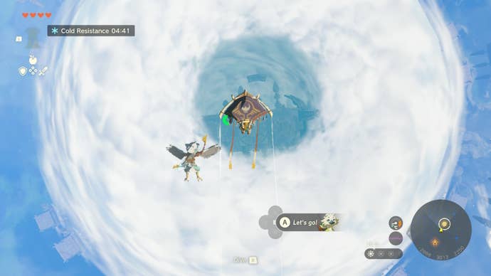 Link and Tulin dive into a cloud in The Legend of Zelda: Tears of the Kingdom