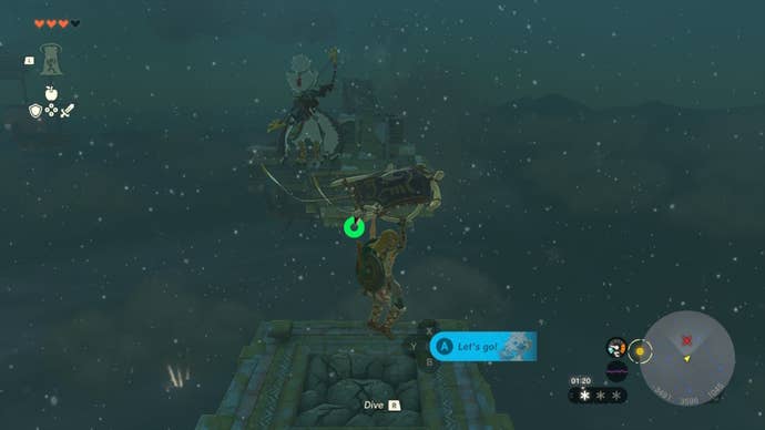 Link glides over to a distant platform in The Legend of Zelda: Tears of the Kingdom