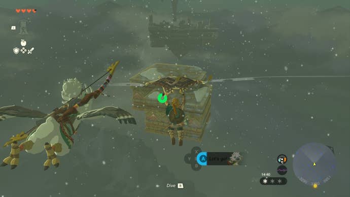 Link glides toward a platform in The Legend of Zelda: Tears of the Kingdom