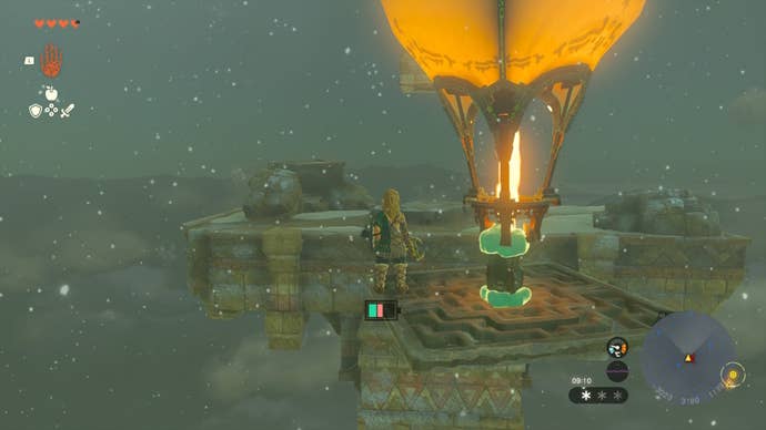 Link uses Ultrahand and a Zonai Flame Emitter to create a hot air balloon in The Legend of Zelda: Tears of the Kingdom