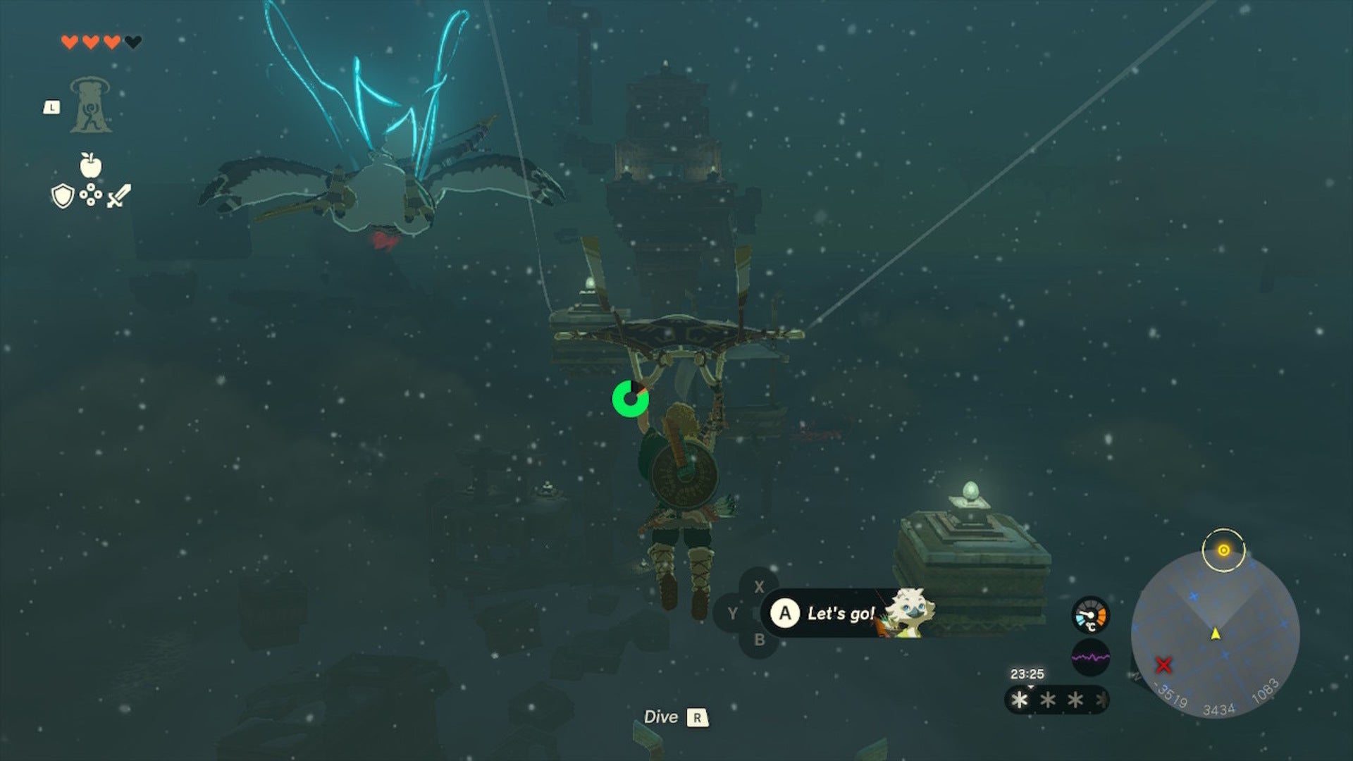 Link glides toward a platform with lamps on it in The Legend of Zelda: Tears of the Kingdom