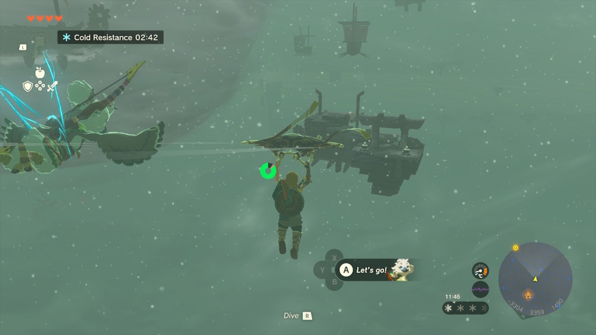 Link glides toward a platform with lamps on it in The Legend of Zelda: Tears of the Kingdom - 26