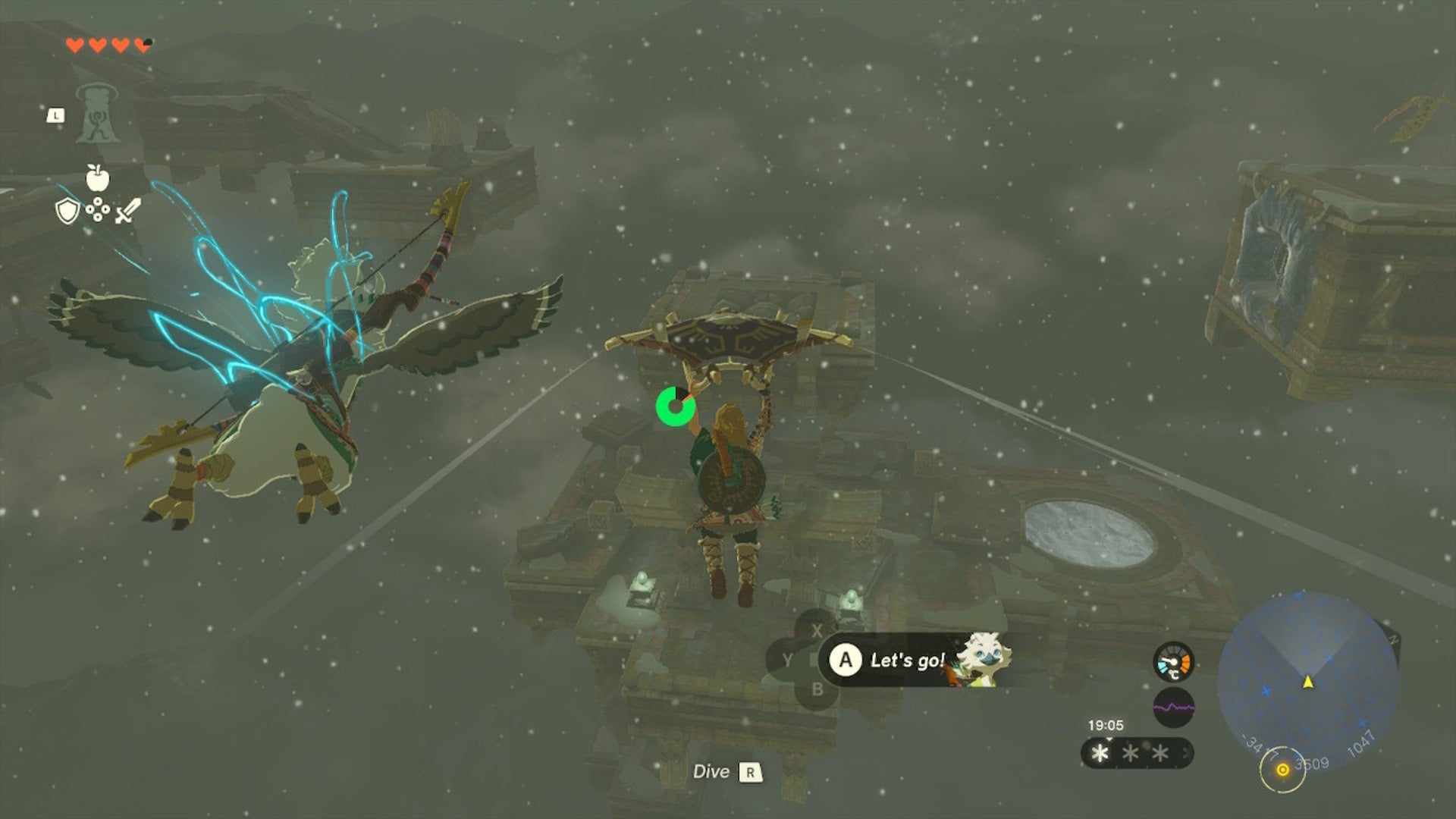 Link glides toward a platform in The Legend of Zelda: Tears of the Kingdom